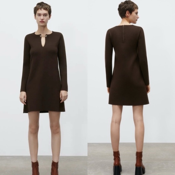 Zara Dresses & Skirts - Zara Brown Long Sleeve Knit Sweater Dress With Cutout